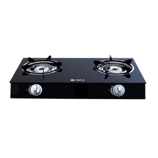 SPJ Double Burner Glass Gas Stove With Auto Ignition - Black