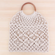 Popula Cotton Rope Hollow Straw Bag Sheer Macrame Tote wooden ring rattan handle Net Bag Vintage Retro Chic handbag
