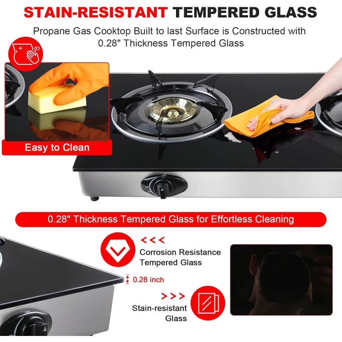 SPJ Double Burner Glass Gas Stove With Auto Ignition - Black