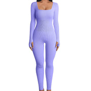 Fall Winter Women's Clothing Long Sleeve Jumpsuit Yoga Sexy One-piece Square Collar Sportwear
