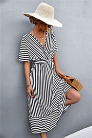 Spring And Summer Classic Product Cross V-neck Lace-up Striped Dress