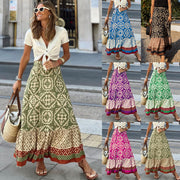 European American Summer Printed Loose Stitching Large Swing Skirt