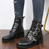Women's Fashion Belt Buckle Flat Heel Mid-calf Chunky Heel Round Head Dr Martens Boots