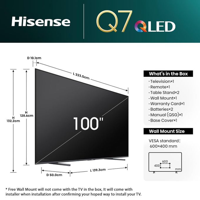 Hisense 100 inch Q7 UHD 4K QLED TV (100Q7N) (3YRS WRNTY)