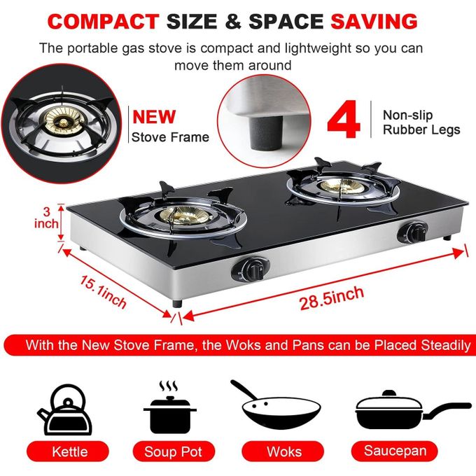 SPJ Double Burner Glass Gas Stove With Auto Ignition - Black