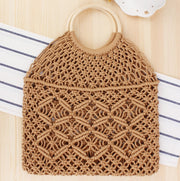 Popula Cotton Rope Hollow Straw Bag Sheer Macrame Tote wooden ring rattan handle Net Bag Vintage Retro Chic handbag