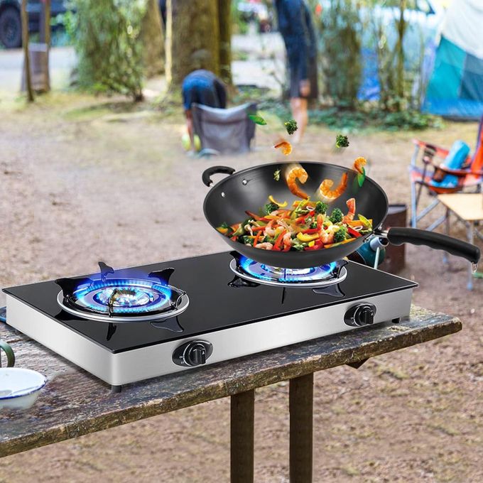 SPJ Double Burner Glass Gas Stove With Auto Ignition - Black