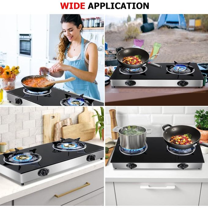 SPJ Double Burner Glass Gas Stove With Auto Ignition - Black