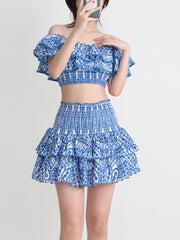 Seaside Vacation Style Two-piece Collar Short Ruffled Shirt High Waist Skirt Outfit