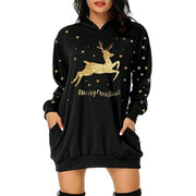 Christmas printed mid-length pocket hooded long-sleeved sweater