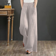 Pure Linen Plus Size Wide Leg Pants Women Drawstring Elastic