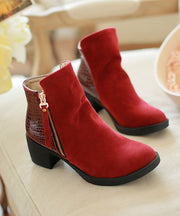 Rough leather low boots high heel women's boots side zip large size women's shoes