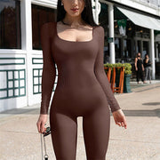 Fall Winter Women's Clothing Long Sleeve Jumpsuit Yoga Sexy One-piece Square Collar Sportwear