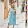 Summer Sleeveless Dress With Pockets Waist Lace-up Slits Dresses Fashion Womens Clothing
