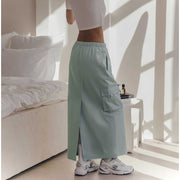 Women's Fashion Drawstring Elastic Waist Double Pocket Cotton High Waist Skirt