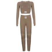 Solid Color Letter Zhang Zi Round Neck Long Sleeve Short Top Yoga Two-piece Set