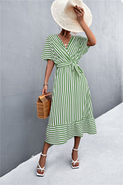 Spring And Summer Classic Product Cross V-neck Lace-up Striped Dress