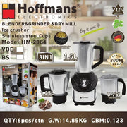 Hoffmans 3-in-1 Blender, Meat Grinder & Coffee Mill 800W Ice Crusher with Stainless Steel Cups - Steel