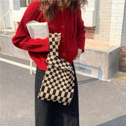 Plaid Knit Hand Bag With Hand Carrier