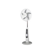 SPJ Solar Rechargeable Pedestal Fan with Built-in Light, USB Charger, and Dual DC Outputs - White & Grey