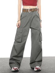 Multi Pocket Loose Casual Straight Wide Leg Pants