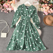 Tie Belt Love Pleated Long Dress