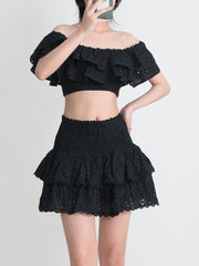 Seaside Vacation Style Two-piece Collar Short Ruffled Shirt High Waist Skirt Outfit