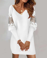 Long-sleeved V-neck Dress Spring And Autumn Lace Splicing Dress For Women's Clothing