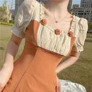 Vintage Flower Square Neck Panel Puff Sleeve Dress