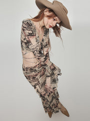Resort Slit Printed Mesh Ruffle Skirt