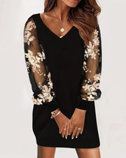 Long-sleeved V-neck Dress Spring And Autumn Lace Splicing Dress For Women's Clothing