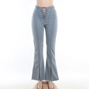 Women's High Waist Lace-up Cutout Split Jeans