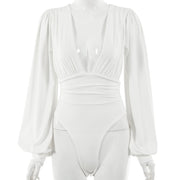 Women's sexy long-sleeved deep V waist pleated temperament bodysuit