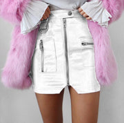 Women High Waist Pink Pu Leather Skirts with Pocket Zipper