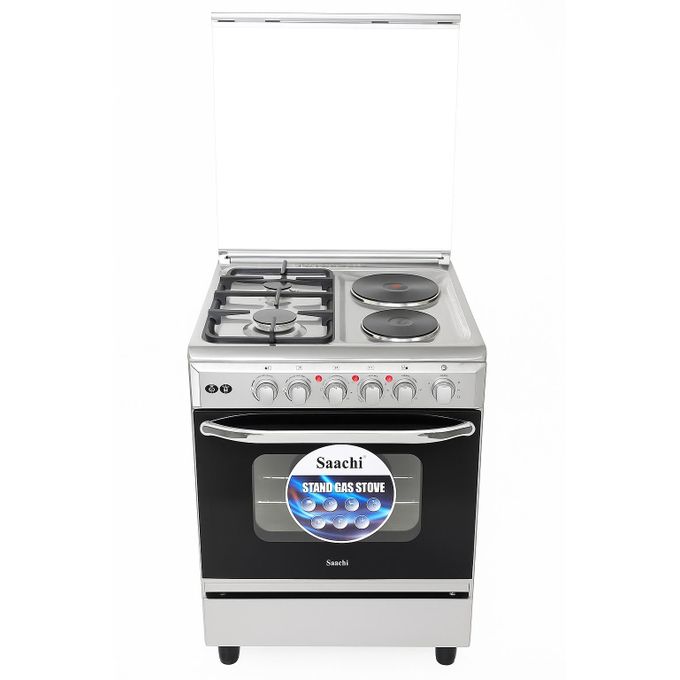 Saachi 2 Gas 2 Electric Stainless Steel Stove/Cooker with Gas Oven (60X60cm) - Silver & Black