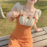 Vintage Flower Square Neck Panel Puff Sleeve Dress