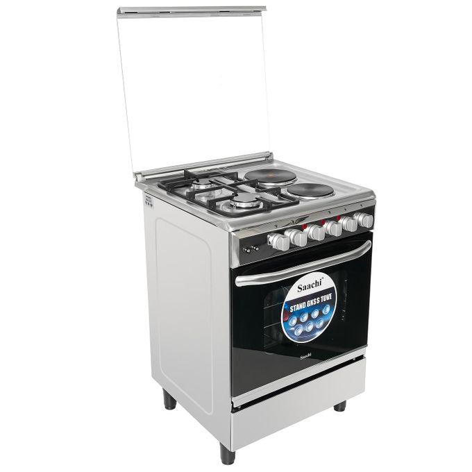 Saachi 2 Gas 2 Electric Stainless Steel Stove/Cooker with Gas Oven (60X60cm) - Silver & Black