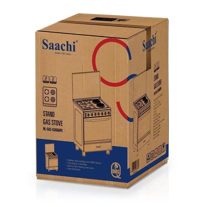 Saachi 2 Gas 2 Electric Stainless Steel Stove/Cooker with Gas Oven (60X60cm) - Silver & Black