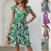 Leaf Print Dress Summer V-neck Ruffled Sleeveless A-Line Dresses Fashion Casual Holiday Beach Dress For Womens Clothing