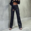 PU Leather High Waist Loose Black Trousers Women  Casual Straight-leg Pants