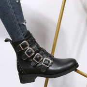 Women's Fashion Belt Buckle Flat Heel Mid-calf Chunky Heel Round Head Dr Martens Boots