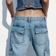 Women's Fashion Loose Strap Accessories Mid Waist Cargo Jeans