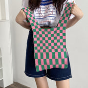Plaid Knit Hand Bag With Hand Carrier