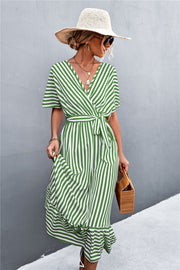 Spring And Summer Classic Product Cross V-neck Lace-up Striped Dress