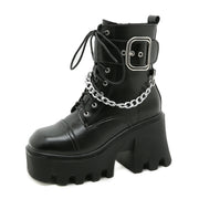 New Square Toe Thick Heel Side Zipper Platform Belt Buckle Platform Shoes Female Chain Martin Boots