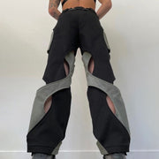Street Chic Hollow-out Cross Design Contrast Color High Waist Woven Pants