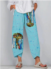 Cartoon Art Illustration Print Sew Pocket Hem Casual Pants