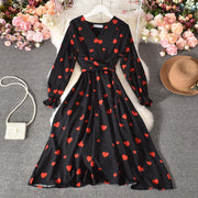 Tie Belt Love Pleated Long Dress