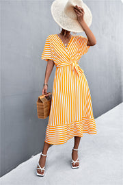 Spring And Summer Classic Product Cross V-neck Lace-up Striped Dress
