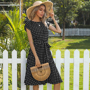 Summer Women Polka Dot Short Sleeve Dress Casual Bandage Party Pleated Midi Dresses Elegant Green Office Lady Clothing